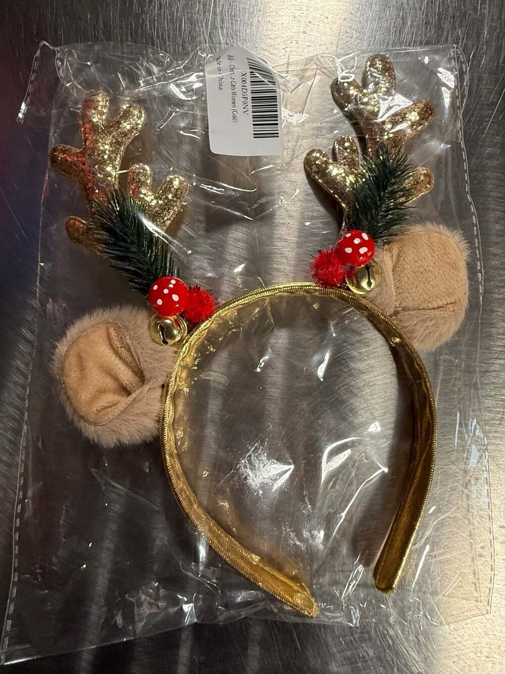 Christmas Reindeer Antler Headband with Bells and Faux Fur Ears